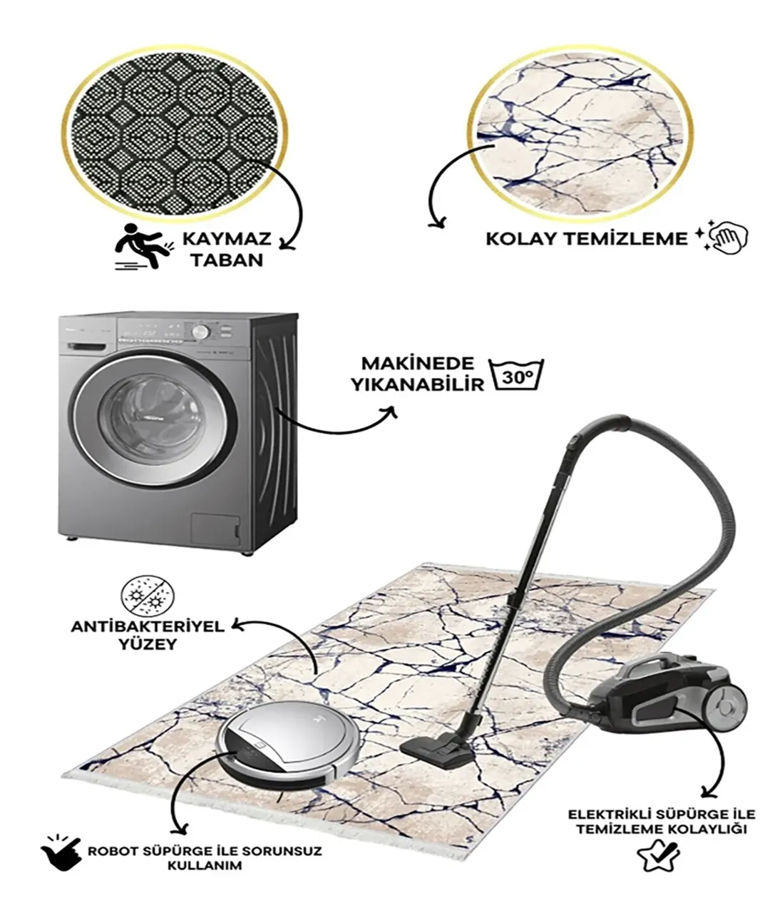 Makinede Yıkanabilir Oturma Odası Halısı Kaymaz Taban Halı MS-1327
